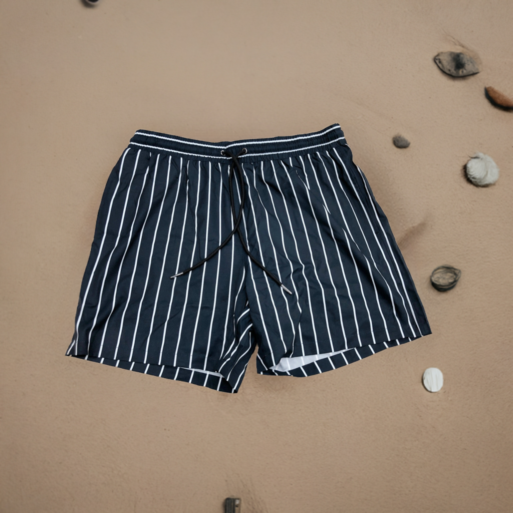 Sunday Seas Men's Striped Swim Trunks. Front Side.